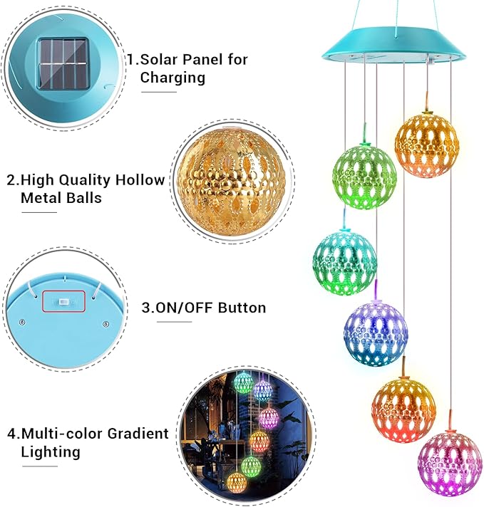 Toodour Solar Wind Chime, Color Changing Moroccan Ball Wind Chimes, LED Decorative Mobile, Gifts for Mom, Waterproof Outdoor Decorative Lights for Garden, Patio, Party, Yard, Outdoor Decorations-Ruum Studio Home
