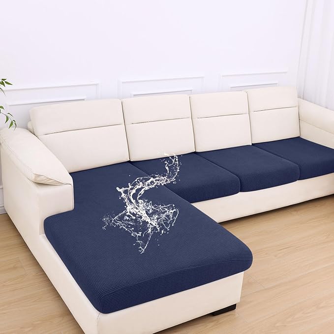 hyha Waterproof Couch Cushion Covers for Pets, Non Slip Sofa Seat Cover for Dogs Washable, Soft Thick Stretch Jacquard Fabric, Sofa Slipcovers with Elastic Bottom (1 Chaise+3 Seater, Navy)-Ruum Studio Home