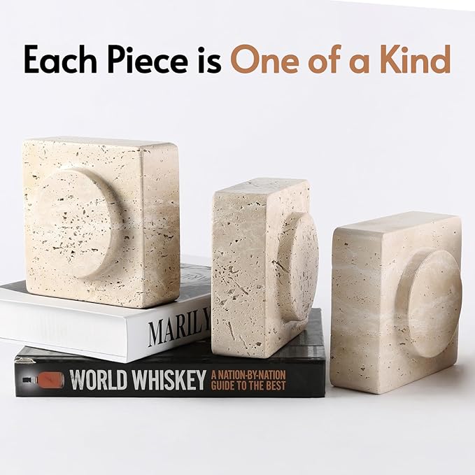 Koville Marble Square Book Ends, Heavy Duty Book Holders, Bookends for Shelves, Office Bookshelf Decor for CDs/Video Games(Travertino Romano)-Ruum Studio Home