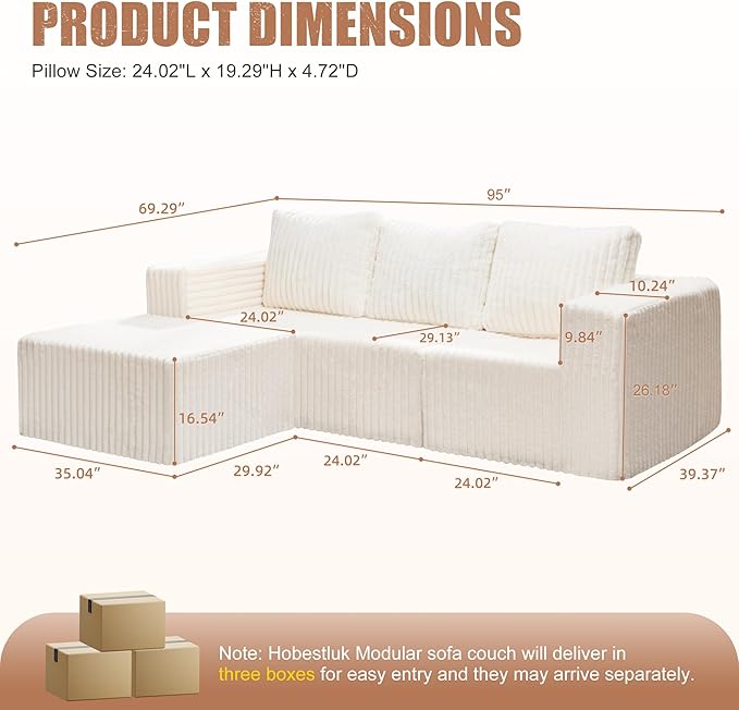 Hobestluk Modular Sectional Sofa Memory Foam Couch Oversized Sectional Sofa 3-Seater with Chaise Cloud Couch with Removable Cover L Shape Sofa for Living Room (Strip White, 3-Seater with Chaise)-Ruum Studio Home