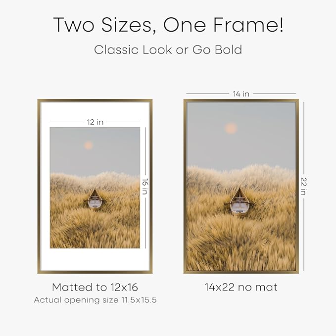 Homeforia 14x22 Picture Frame Bronze, High End Metal 14x22 Brass Poster Frames with Mat 12x16 for Photo, 14 x 22 Frame Matted to 12 by 16 Print, 22x14 Hanging Frame, Tempered Glass, Wall Kit, Set of 1-Ruum Studio Home