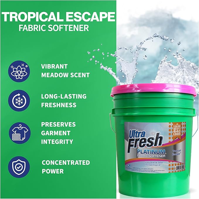 Ultra Fresh 5 Gallon Platinum Fabric Softener for All Machine Types, Liquid Laundry Softener, Up to 640 Loads, Tropical Escape-Ruum Studio Home