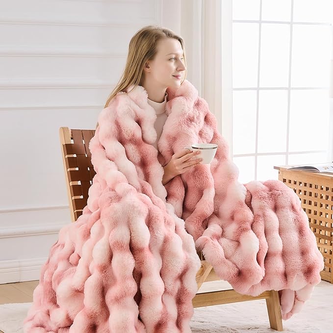 Cozy Faux Fur Throw Blanket for Couch-Warm Fuzzy Throw Blanket, Soft Plush Thick Bubble Blankets for Bedroom and Living Room, Furry Luxury Blanket, 50 x 60, Tie-Dye Pink-Ruum Studio Home