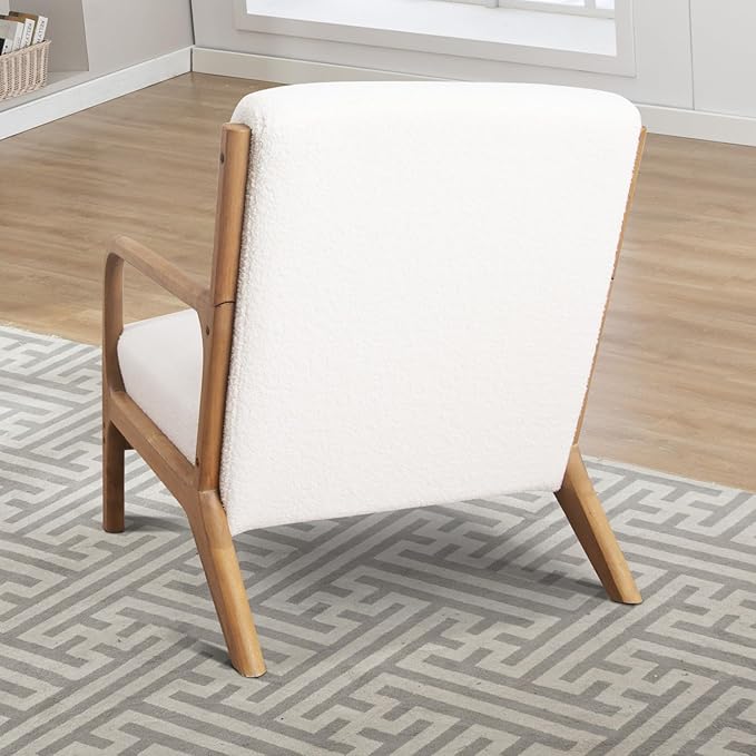 INZOY Mid Century Modern Accent Chair with Lamb Wool Fabric, Upholstered Living Room Chairs with Waist Cushion, Reading Armchair for Bedroom Sunroom, White-Ruum Studio Home