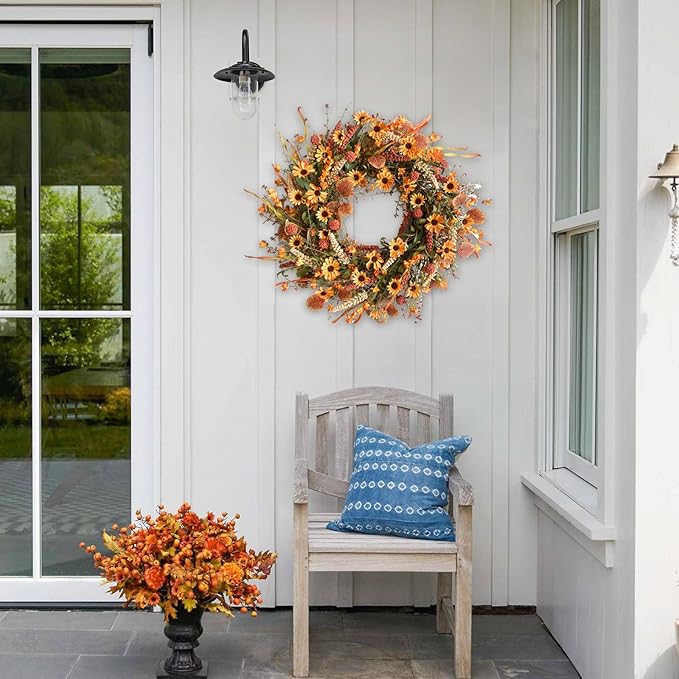 Bibelot Fall Front Door Wreath, 22" Artificial Floral with Colorful Daisies and Autumn Foliage - Orange for Wall, Window and Thanksgiving Decor-Ruum Studio Home