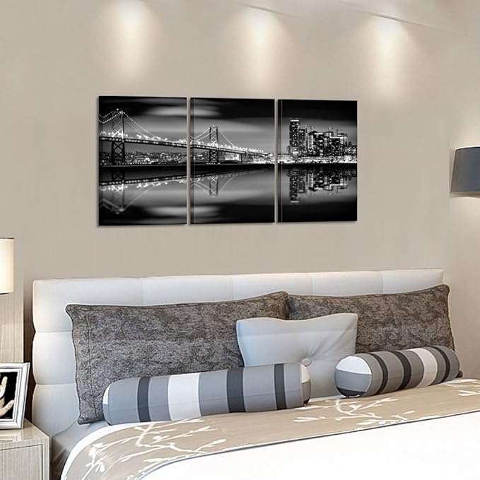 KREATIVE ARTS - San Francisco Bay at Night in Black and White Bridge 3 Panels Modern Landscape Artwork Canvas Prints Cityscape Pictures Paintings on Canvas Wall Art for Home Decor (12x16inchx3pcs)-Ruum Studio Home