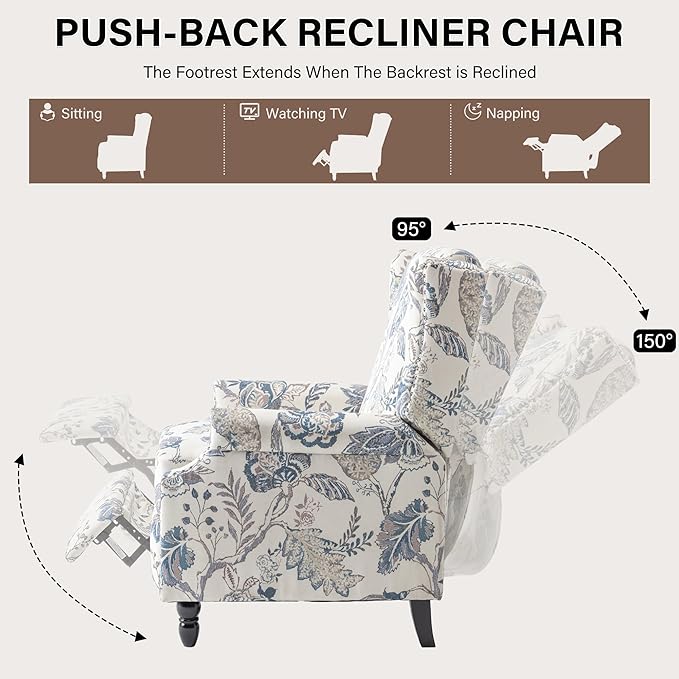 UIXE Pushback Recliner Chair, Push Back Accent Chair Fabric Upholstered Armchair for Living Room, Rivet Trim Home Theater Single Sofa Bedroom Reading Seat - Blue Plants-Ruum Studio Home