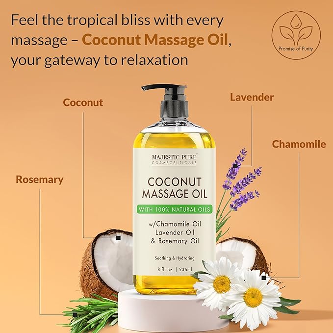 MAJESTIC PURE Coconut Massage Oil for Massage Therapy - Refreshing, and Relaxing - Natural Oils - for All Skin Types - Men and Women - 8 fl oz-Ruum Studio Home