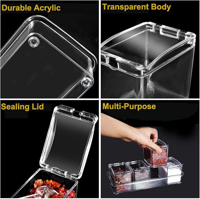 Clear Seasoning Box 4 PCS/Set, Acrylic Seasoning Rack Seasoning Storage Container Condiment Jar Spice Box Spice Jar Spice Pot Spice Rack with Spoon & Lid & Tray for Salt Pepper Sugar (#A)-Ruum Studio Home