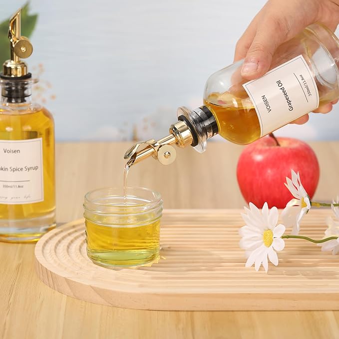 VOISEN Olive Oil Dispenser Bottle for Kitchen, Glass Oil Bottle Set of 6, Coffee Syrup Dispenser,Glass Oil Container with Metal Pourer,Funnel,56 Waterproof Labels-Ruum Studio Home