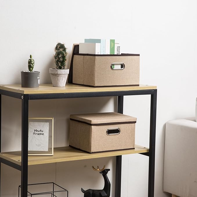 PRANDOM Storage Bins with Lids [3-Pack] Jute Fabric Foldable Storage Boxes Organizer Containers Baskets Cube with Cover for Home Bedroom Closet Office Nursery khaki（11.4X8.6X6.7-Ruum Studio Home