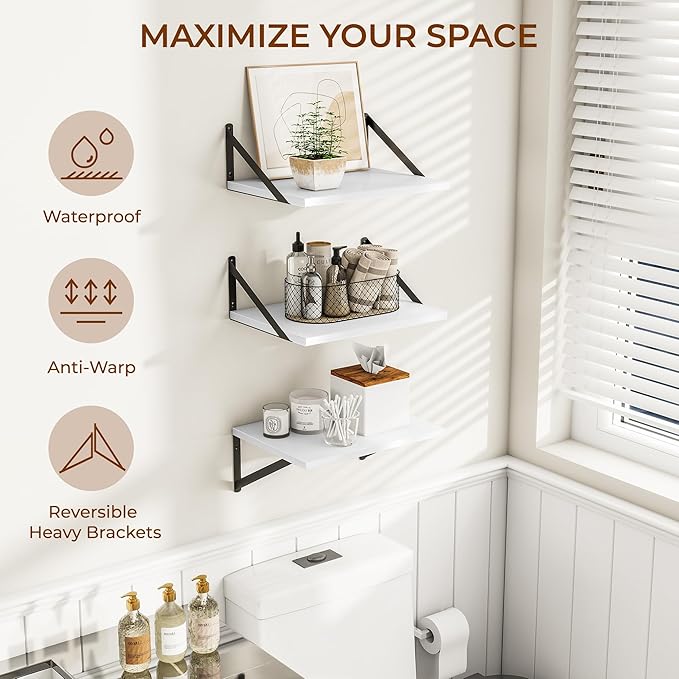 Heimlove Deep Floating Shelves for Wall, 12 Inch Deep Floating Shelves Set of 3, 16W x 12D Wood Wall Shelves, Wide Wood Shelves with Metal Bracket for Living Room, Kitchen, Office, Bedroom - White-Ruum Studio Home
