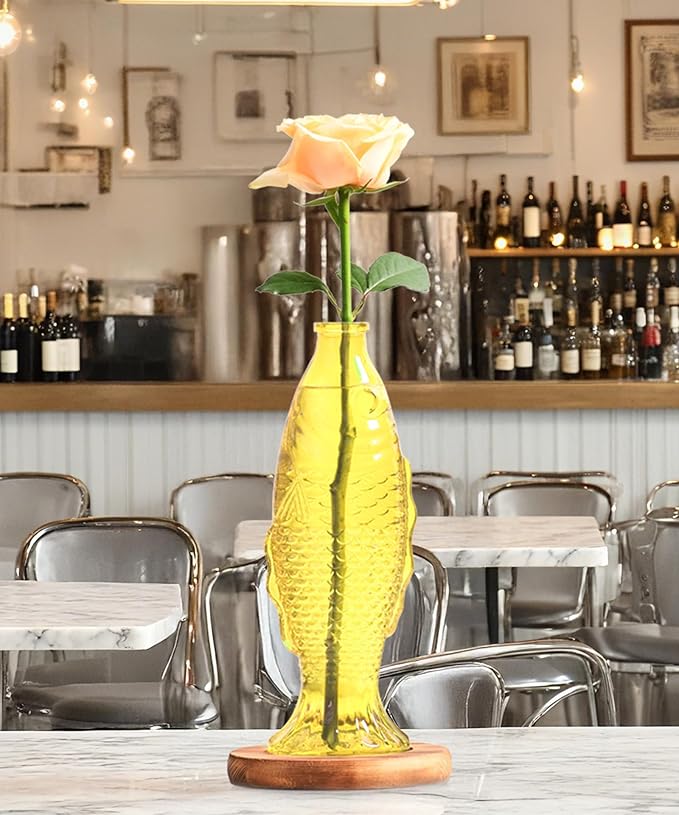 Nacome Fish Vase Glass Plant Terrarium with Wooden Stand,Planter Propagation Station for Home Office Hydroponics Desk Decoration,Unique Gardening Gifts for Plant Lovers Women Mom(Yellow)-Ruum Studio Home