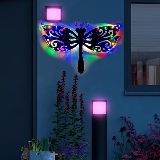 Solar Dragonfly Wall Art, 12-Inch Metal Garden Decor, Color Changing LED Lights, Multicolor-Ruum Studio Home