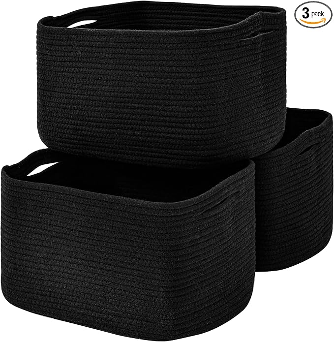 Large Storage Baskets for Organizing Shelves, Woven Cotton Rope Bins for Baby Nursery Organization, Book Toy Towel Organizer, 17"x13"x9.5", 3 Packs, Black-Ruum Studio Home