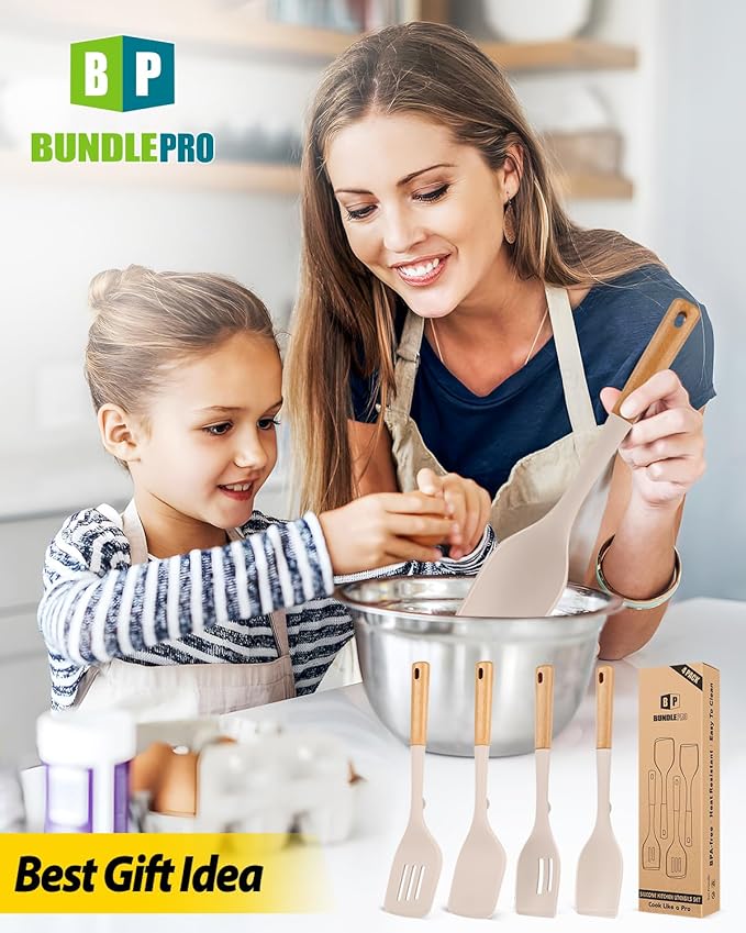 Pack of 4 Silicone Kitchen Utensils Set, Non Stick Solid Spatulas and Heat Resistant Slotted Spoons with Wooden Handle, Ideal BPA Free Cooking Utensils for Mixing,Serving,Turning,Stirring(KHAKI)-Ruum Studio Home