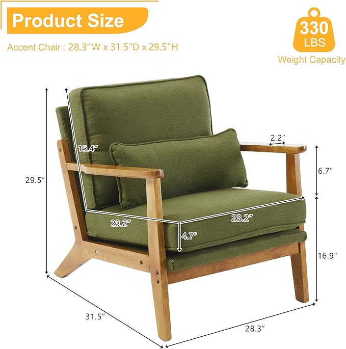 Karl home Accent Chair Wide Armrest Mid-Century Lounge Chair Linen Fabric Armchair with Lumbar Pillow & Solid Wood Frame for Living Room, Bedroom, Balcony, Green-Ruum Studio Home