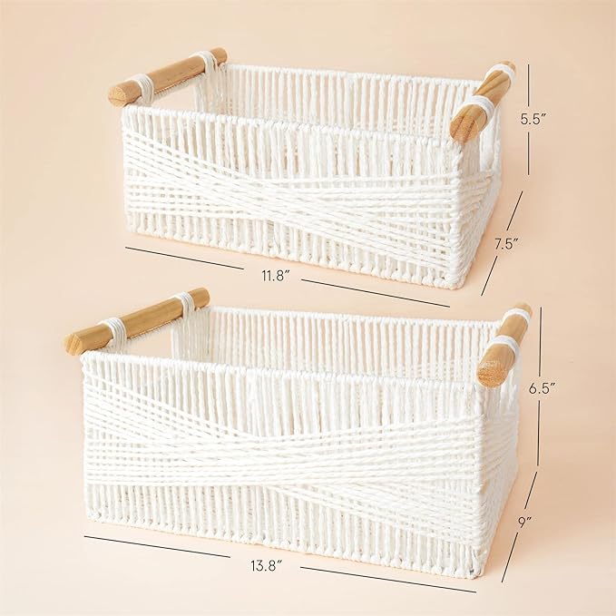 LA JOLIE MUSE Wicker Storage Baskets for Organizing, Recyclable Paper Rope Basket with Wood Handles, Decorative Hand Woven Basket Organizers for Makeup Books Shelves Living Room, White, Set of 2-Ruum Studio Home