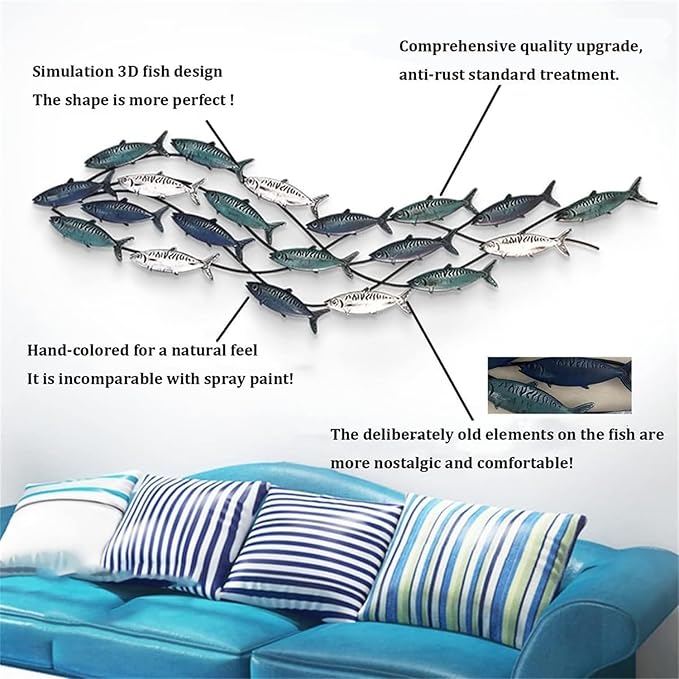 Coastal Metal Fish Wall Decor, Large Nautical Fish Wall Décor,School of 20 Fish Wall Art,3D Fish Wall Sculpture,Fish Metallic Art Decor,Perfect for Living Room,Bedroom,Beach Or Boat Decor,59" X 16.5"-Ruum Studio Home
