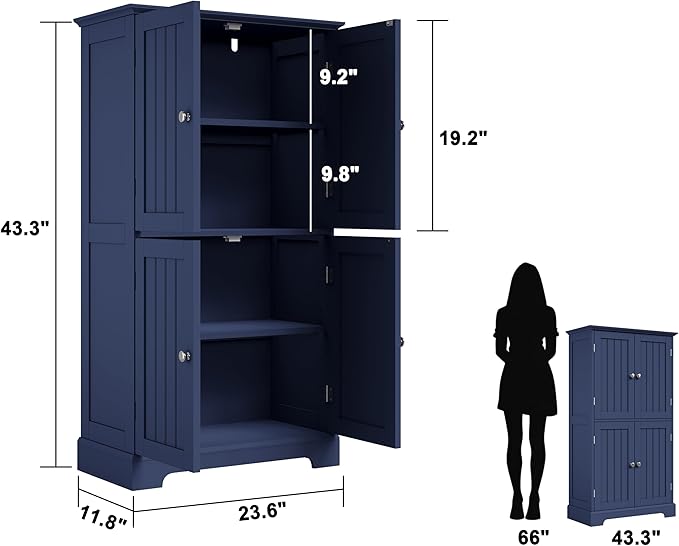 ChooChoo Bathroom Floor Cabinet, Modern Bathroom Storage Cabinet with 4 Doors and Adjustable Shelves, Freestanding Cupboard for Living Room, Navy Blue-Ruum Studio Home