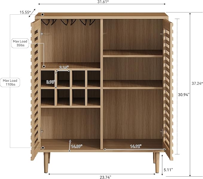 Mid Century Bar Cabinet with Wine Racks, Modern Liquor Cabinet with Slatted Doors for Dining Room, Living Room (Natural Color)-Ruum Studio Home