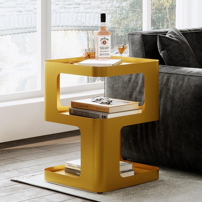 Gold Side Table,Modern end Table,Unique nightstand,Bedside Tables,Metal Accent Side Table with Storage for Living Room Bedroom Couch,no Assembly Required-Ruum Studio Home