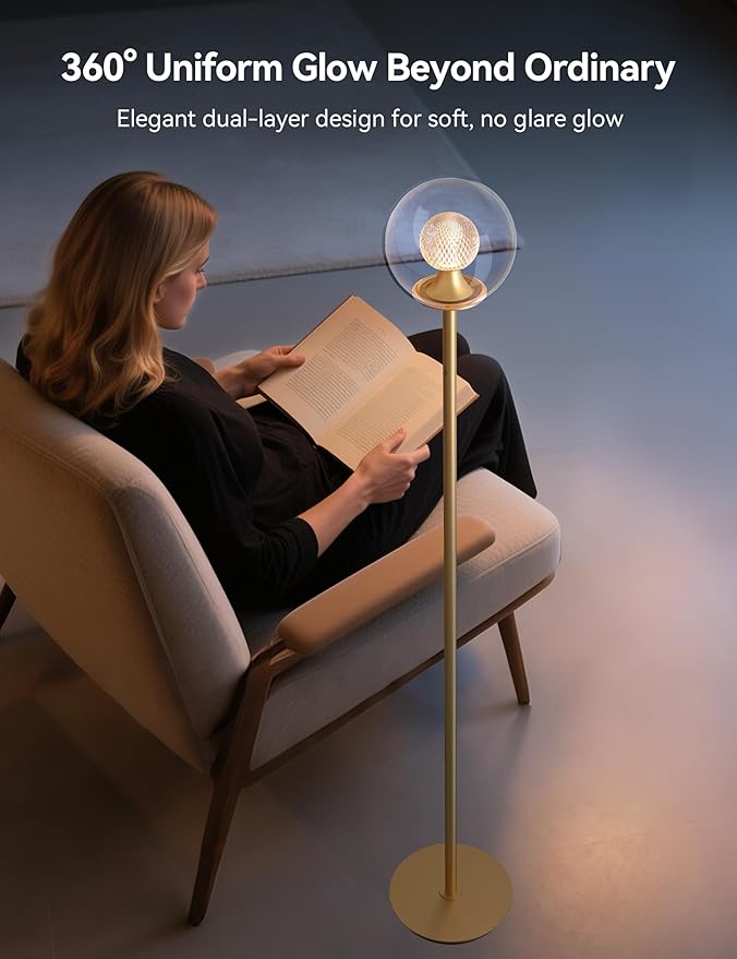 Tubicen Gold Floor Lamp with Dual-Globe Glass Shade Memory Function Art Decor 4-Stage Touch Control Dimmable Modern LED Corner Standing Floor Lamp for Bedroom Office Living Room Bedside-Ruum Studio Home