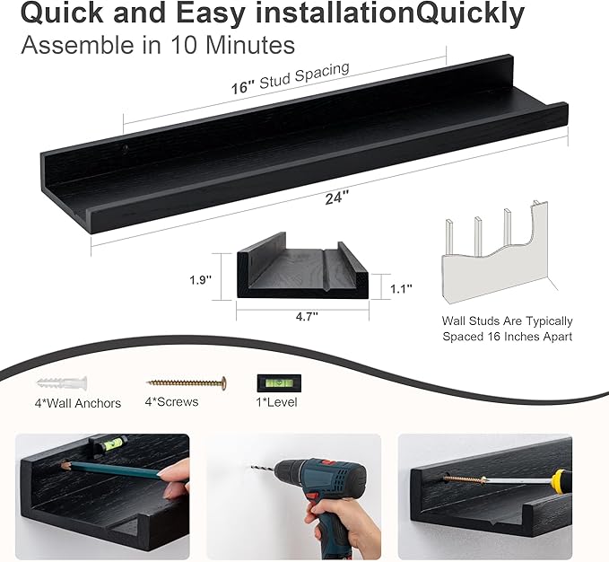 Floating Picture Ledge Shelves 24 Inch Solid Oak Wood Set of 2, Rustic Wall Storage Shelves with Lip, Kids Bookshelf, Photo & Picture Ledge Shelves for Bedroom, Living Room, Kitchen-Ruum Studio Home
