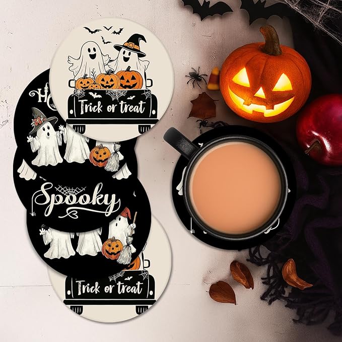 Coaster for Drinks Set of 6, Halloween Black and White Ghost Pumpkins Absorbent Round Ceramic Stone Mat, with Cork Base and Metal Holder, Gift for Housewarming Room Bar Decor-Ruum Studio Home
