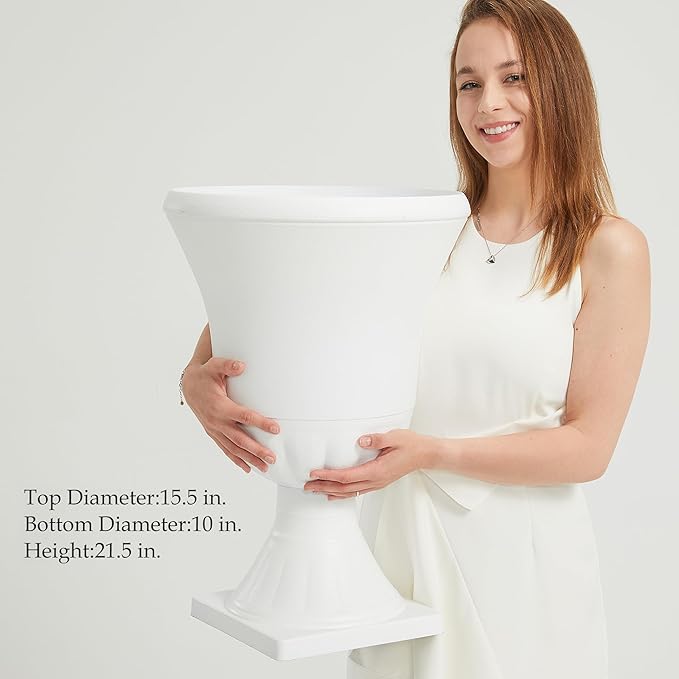 Worth Garden 2-Pack Plastic Urn Planters - 22'' Tall Round Classic Resin Flower Pots Pure White Traditional Large Plant Pots for Front Porch Patio Deck Wedding Decoration Pot - Indoor & Outdoor-Ruum Studio Home