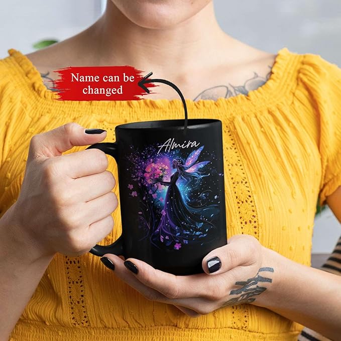 Personalized Beautiful Fairy Holding Flower Coffee Mug, Custom Name Ceramic Cup 11oz 15oz, Enchanted Fantasy Themed Mug, Custom Fairy Lovers Black Cup, Kids Mug, Elegant Fairy Mug-Ruum Studio Home