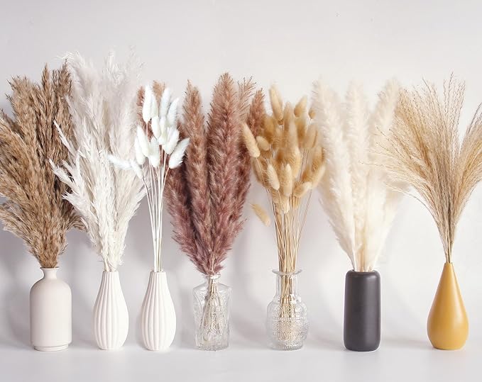 125 PCS Dried Pampas Grass Bouquet, Boho Table Decor, Bunny Tails Dried Flowers, Brown Pampas, White Pampas Grass for Weddings, Home Decor, Rustic Parties, and Baby Shower Decorations-Ruum Studio Home