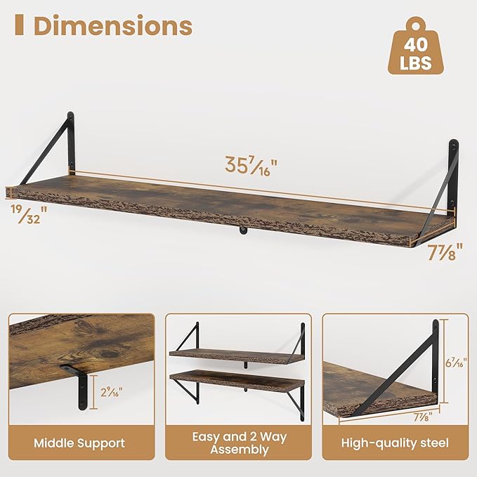 Heimlove 36 Inch Floating Bookshelves Set of 3,Heavy Duty Wall Mounted Bookshelves,Rustic Brown Wall Bookshelf for Living Room,Bedroom,Kitchen,Laundry Room Storage & Decor-Ruum Studio Home