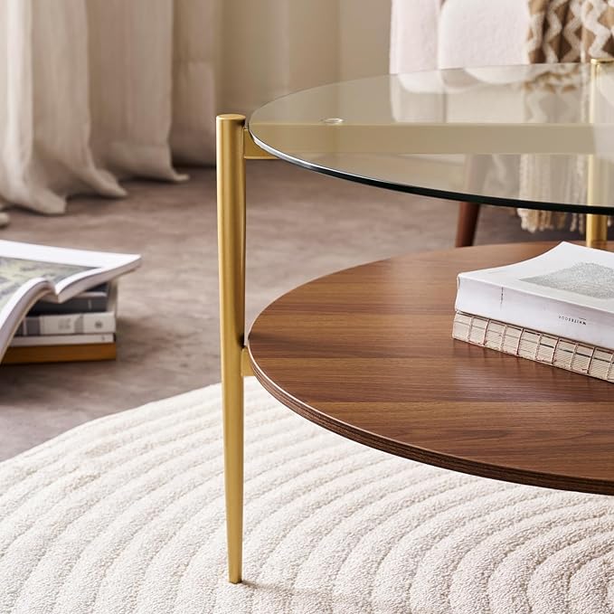 Round Coffee Table, Mid-Century Modern Design, D30“ x H17”, for Living Room, 2-Tier Structure, Clear Glass Top and Walnut MDF Shelf, Sleek Conical Metal Legs with Gold Finish-Ruum Studio Home