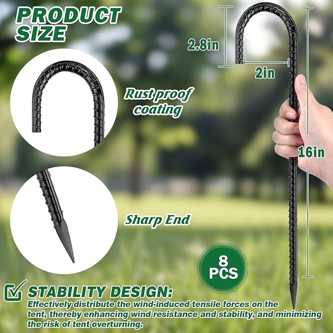 16 Inch Ground Stakes Heavy Duty,8 Pack Metal Fence Stakes for Ground for Wire Fencing,Heavy Duty Long Tent Stakes for Trampolines Camping Canopies and Swing Set-Ruum Studio Home