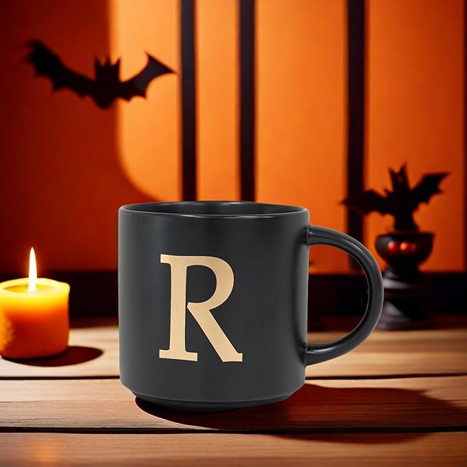 COLLECTIVE HOME - Monogram Ceramic Mugs, 15 oz Golden Initial Black Coffee Cups, Elegant Alphabet Tea Mugs, Elegant Personalized Mug with Gift Box, Unique Mug with Double Side Capital Lette (R)-Ruum Studio Home