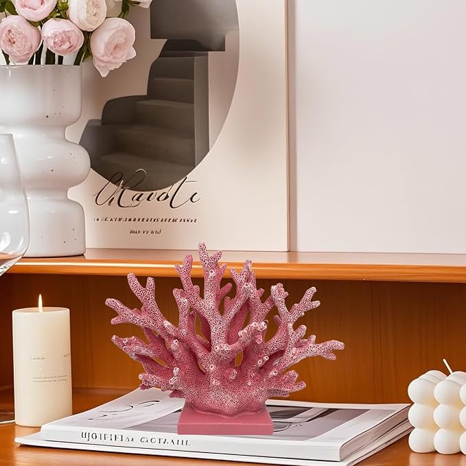 5.8" H Pink Coral Decor - Resin Coral Statue, Nautical Decor for Home, Bedroom, Bathroom, Living Room, Ocean Themed Cabinet Shelf Tabletop Decoration-Ruum Studio Home