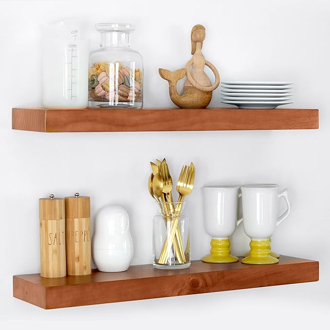 Homeforia 24inch Oak Floating Shelf for Wall, High End Solid Real Wood 24 inches Long Floating Shelves for Bathroom, Honey Oak Wooden Floating Shelves, Heavy Duty Bracket, 24 X 6.5 X 1.75 in, Set of 2-Ruum Studio Home