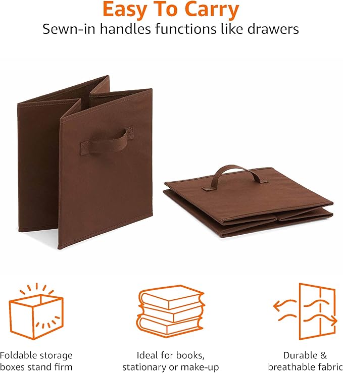 Amazon Basics Cube Organizer Storage Bins Handles, Collapsible Fabric, Pack of 6, 10.5"x10.5"x11", Brown-Ruum Studio Home