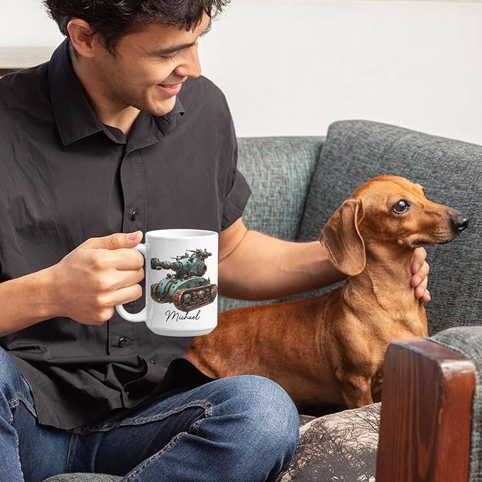Personalized Unique Steampunk Tank Design Mug, Custom Mechanical Tank Art Coffee Cup 11oz, White Mug Gift For Mechanic Enthusiasts, Custom Name Ceramic Cup 11oz Or 15oz, Kids Mug-Ruum Studio Home