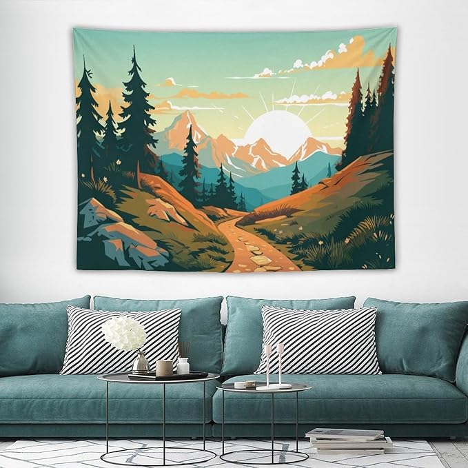 HZOHNAGO Mountain Tapestry Forest Mountain Sunrise Road Pattern Printed Wall Tapestry Wall Hanging for Bedroom Living Room Dorm 80" W x 60" H-Ruum Studio Home