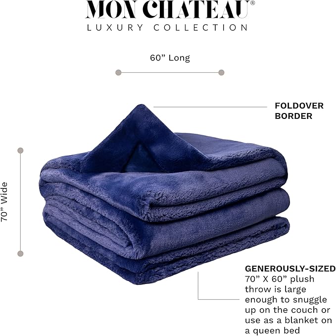 Mon Chateau Luxury Ultimate Plush Faux Fur Throw with 6cm Foldover for Couch, Sofa, or Bed - Plush Ultra Soft Blanket for Sleeping or Home Décor, 60" x 70"(Navy)-Ruum Studio Home