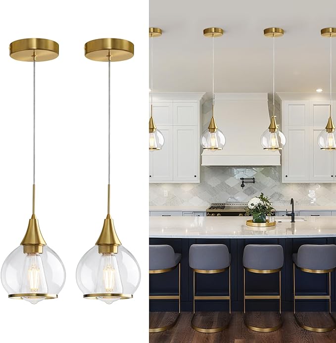 Pendant Light Fixtures Kitchen: 2 Pack Modern Gold Island Light with Clear Glass - 6 Inch Mid Century Globe Kitchen Lighting Chandeliers Ceiling for Foyer Bedroom-Ruum Studio Home