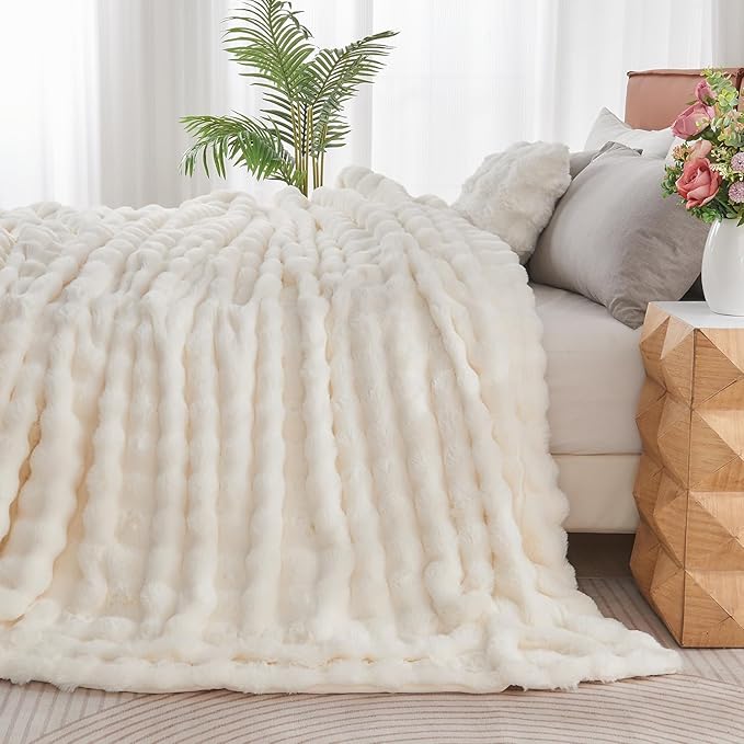 Lotus Karen King Size Faux Fur Blanket Cream White - Big Bubble Rabbit Fluff Throw for Bed Large Fluffy Fuzzy Cozy Thick Furry Plush Shaggy Blankets 108x90 Inches-Ruum Studio Home