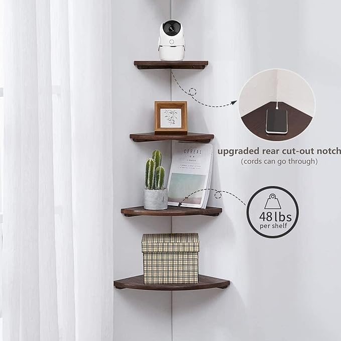 Corner Shelves, Floating Corner Shelf, Set of 2 Solid Oak Wood Wall Shelves, Round End Wall Mount with Wire Hole Shelving for Small Plant for Bedroom Kitchen, Living Room Walnut 8.7”-Ruum Studio Home