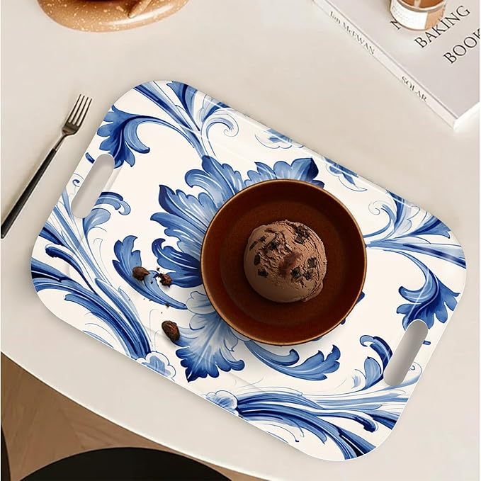 Serving Trays with Handles, 14.5 x 9.8 inch Rectangular Plastic Tray for Restaurant, Kitchen, Blue and White Pattern-Ruum Studio Home