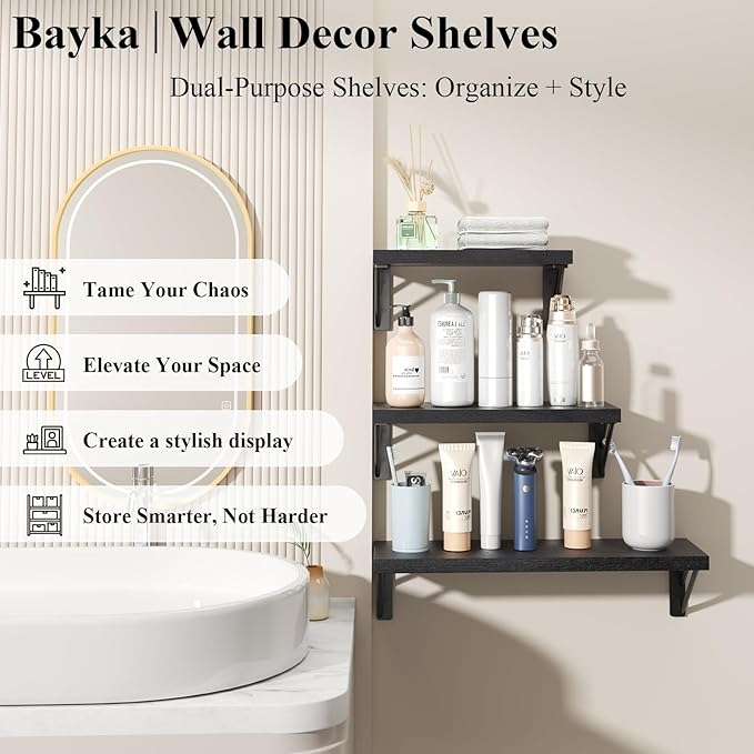 BAYKA Wall Shelves for Bedroom Decor, Floating Shelves for Wall Storage, Display Mounted Rustic Wood Shelf for Books,Plants,Corner Shelves for Bathroom,Kitchen,Living Room(Set of 4)-Ruum Studio Home