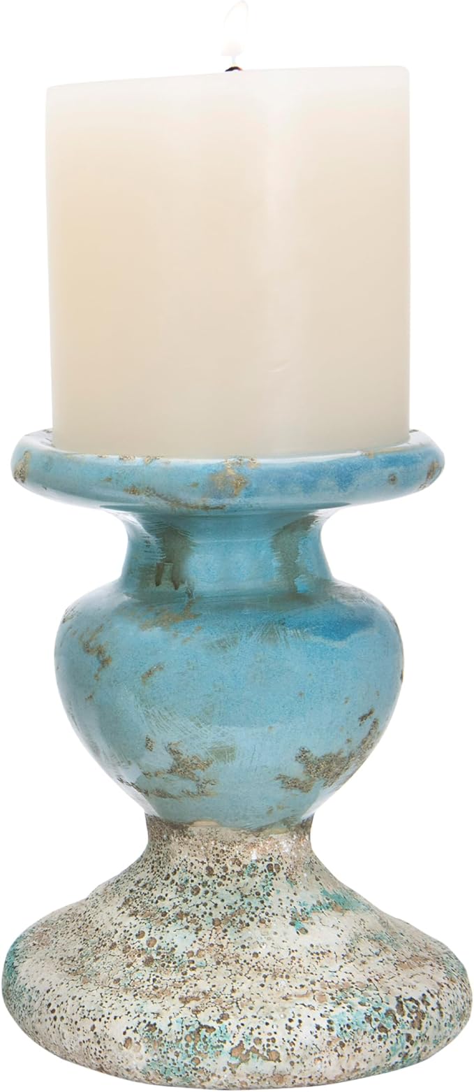 Creative Co-Op Large Distressed Blue Terracotta Pillar Candle Holder-Ruum Studio Home