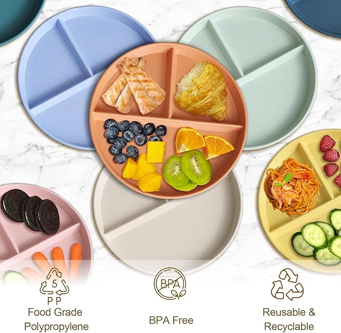 Divided Plates for Adults (8 Packs), Unbreakable Portion Control Plate Sectioned with Dividers, 9 Inch Plastic Food Separator Dinner Plates Lightweight Compartment BPA Free Reusable Microwave Safe-Ruum Studio Home