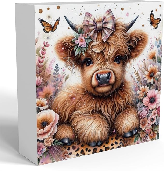 Highland Cow Baby Decor, Highland Cow Decor, Highland Cow Gifts for women, Highland Cow Nursery Decor, Gifts for Girls, Wooden Box Decor Sign for Home Farmhouse Office Living Room Table Shelf Tiered-Ruum Studio Home